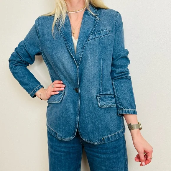 Ralph Lauren Casual Blue Cotton Denim One Button Notch Collar Blazer Jacket - Picture 10 of 16